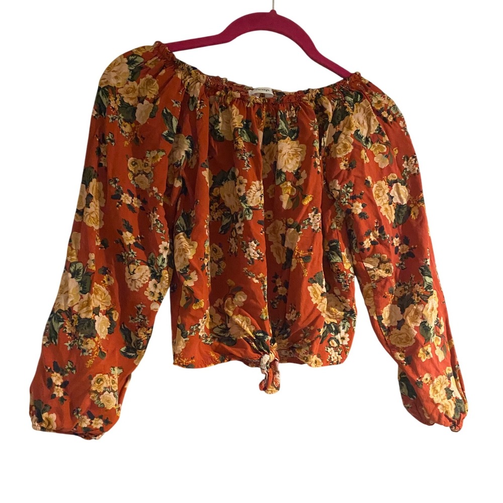 Persaya Girl Floral Tie Front Top Rust Orange Cropped Long Sleeve Blouse Medium